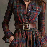 Невена | Дълга карирана рокля с колан