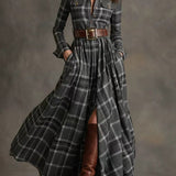 Невена | Дълга карирана рокля с колан