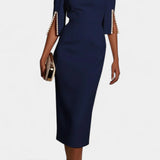 Весна Миди Рокля с Перлени Детайли и Кръгло Деколте